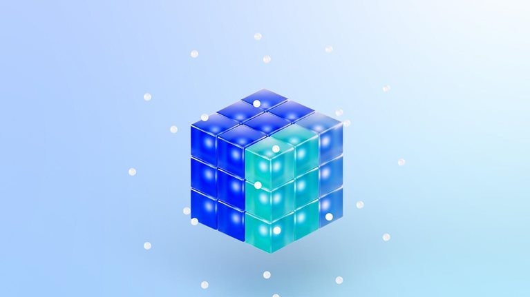 A blue cube composed of translucent glass-like material divides into smaller cubes and separates into three clusters. The clusters expand and change orientation before merging to form a single cube again. This sequence then continues in a repeated loop.