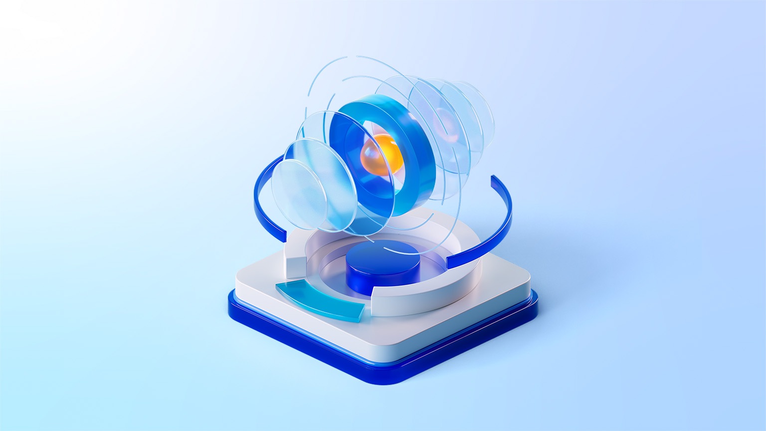 A yellow sphere is surrounded by concentric rings and translucent disks, positioned above a geometric platform. The forms consist of blue, white, and transparent glass-like materials.