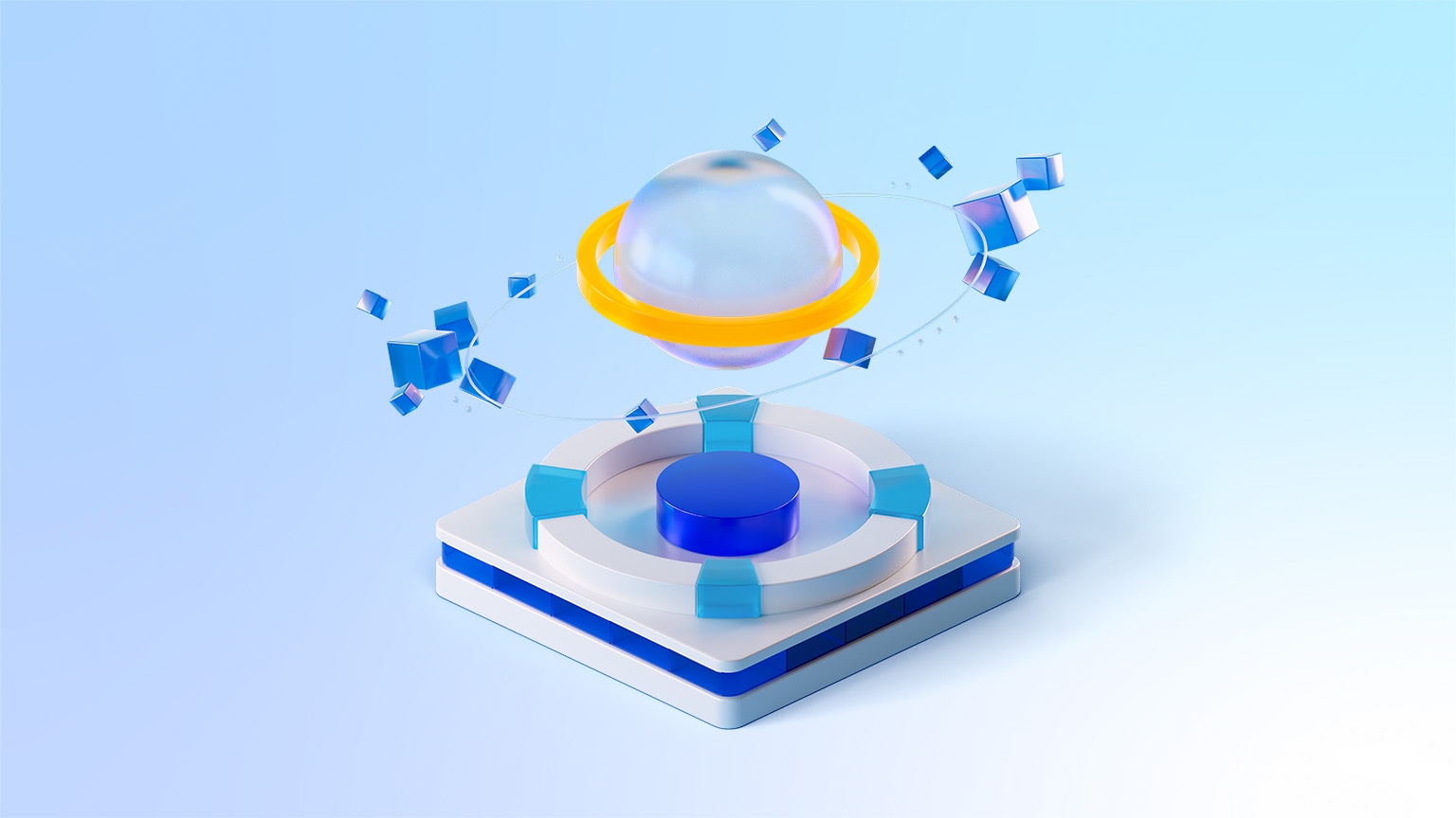 An orb with a yellow ring hovers above a white, blue-accented platform, surrounded by small blue cubes made of glass-like material. 