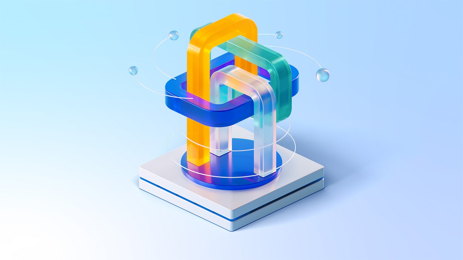 A series of colorful, interconnected translucent arches rest on a layered white base. The composition is framed by small, transparent orbs and circular lines. 