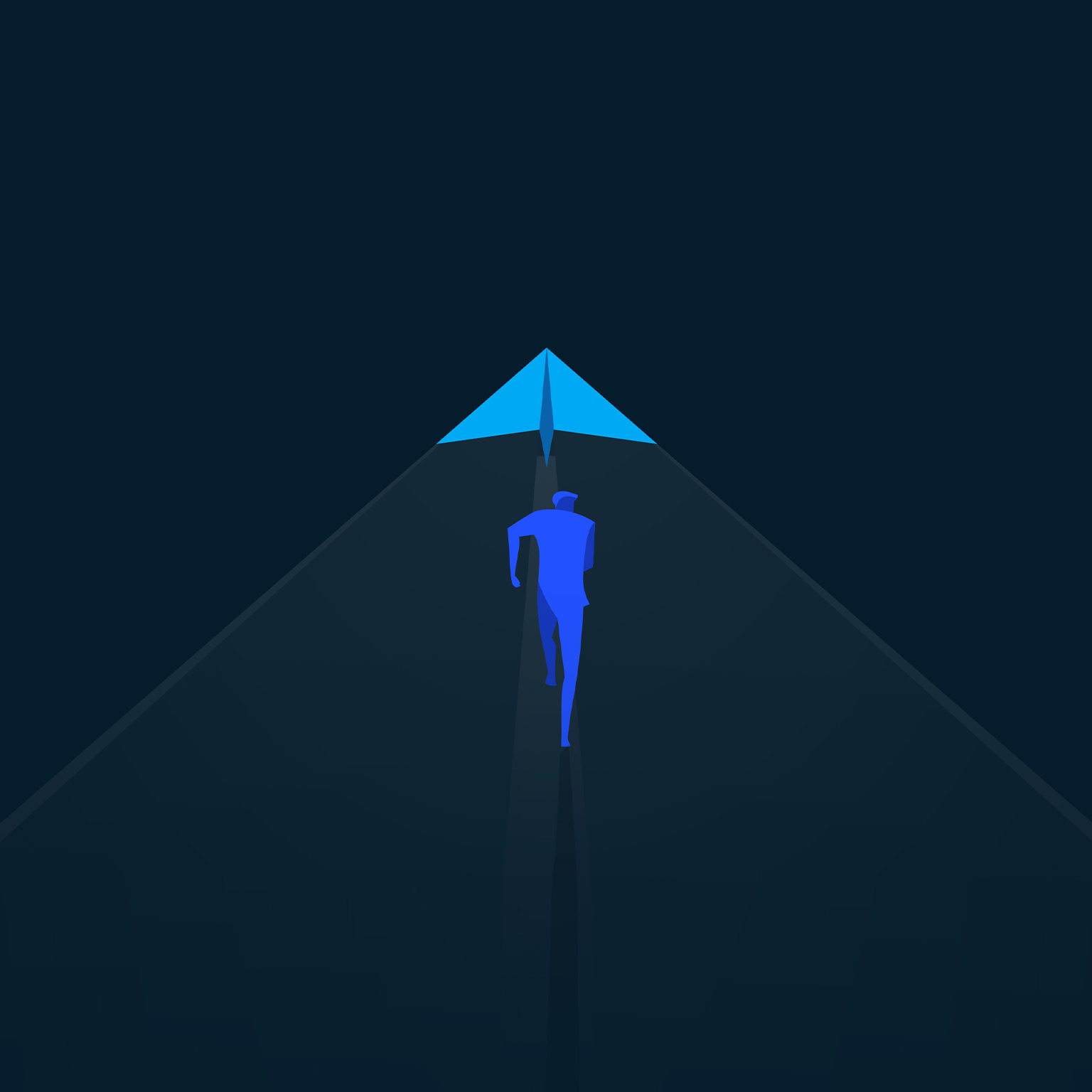 This artwork is a piece of minimalist vector illustration that depicts themes of ambition, progress, and achievement. The image features a stylized figure walking towards a glowing, triangular object resembling a paper airplane or a beacon of light.
