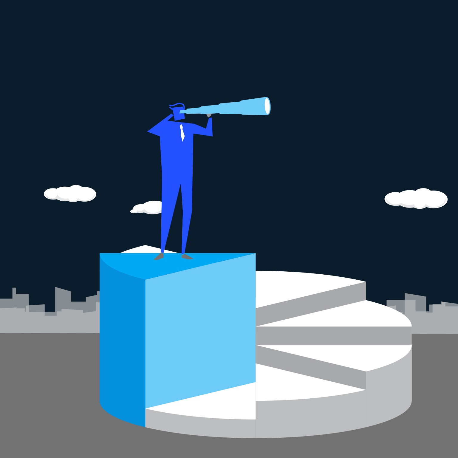 Illustration of person with hand-held telescope, gazing towards the future.