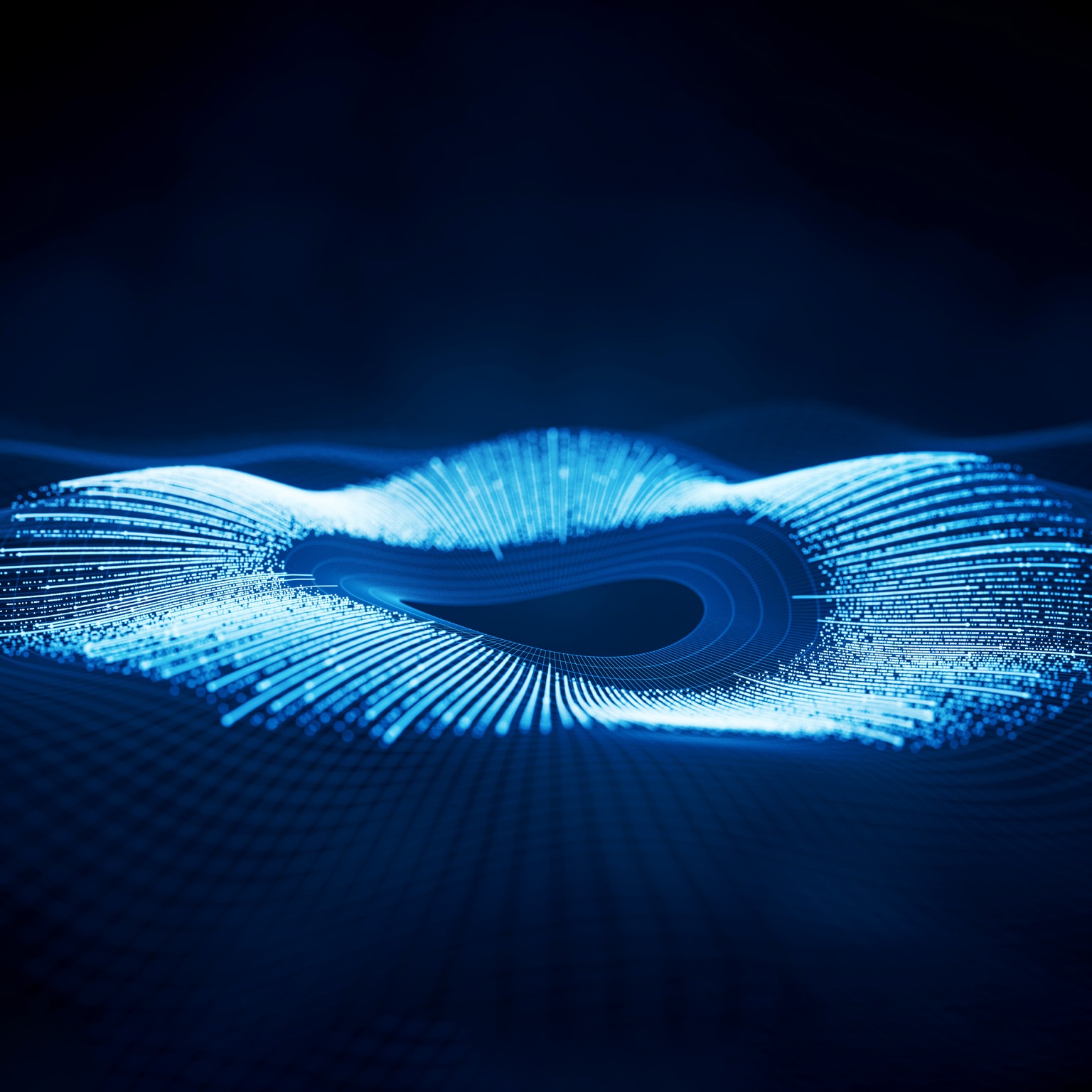 A three-dimensional wave-like shape composed of glowing blue lines and points of light, resembling the iris of an eye.