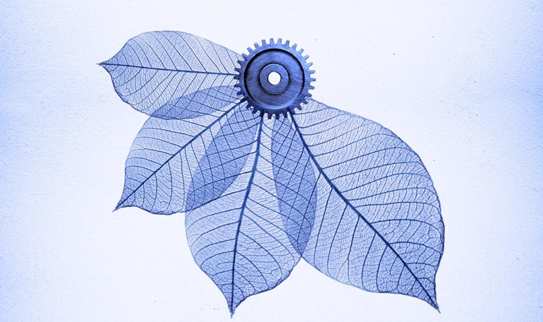 Four overlapping leaves are powered by a mechanical gear