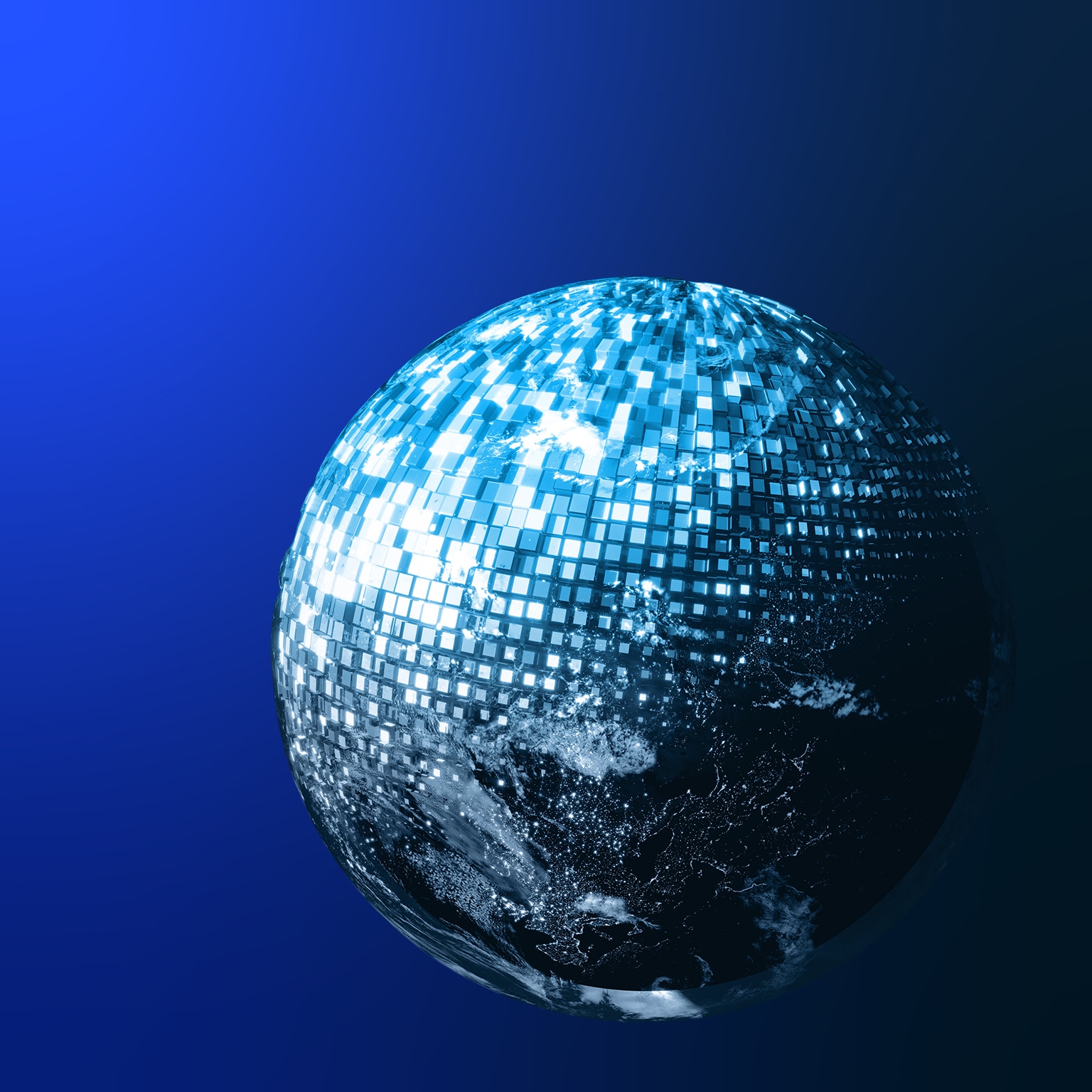 A digitized image of the earth against a blue background