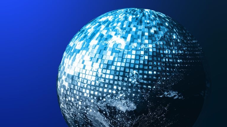 A digitized image of the earth against a blue background