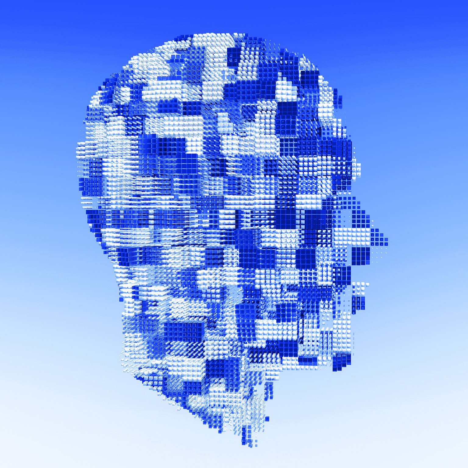 A futuristic digital representation of interconnected data cubes forming a human-like shape