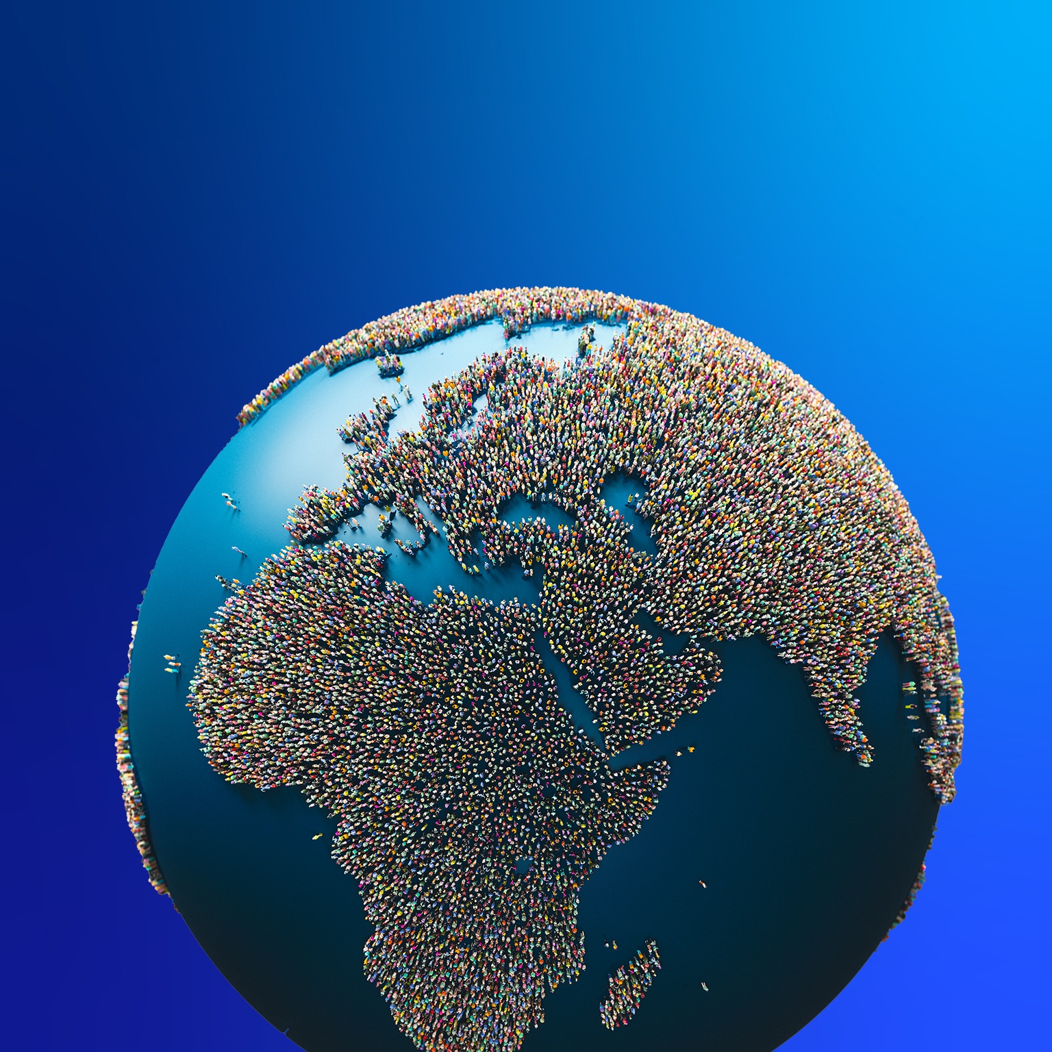 3-D globe with people people scattered around, forming the land.