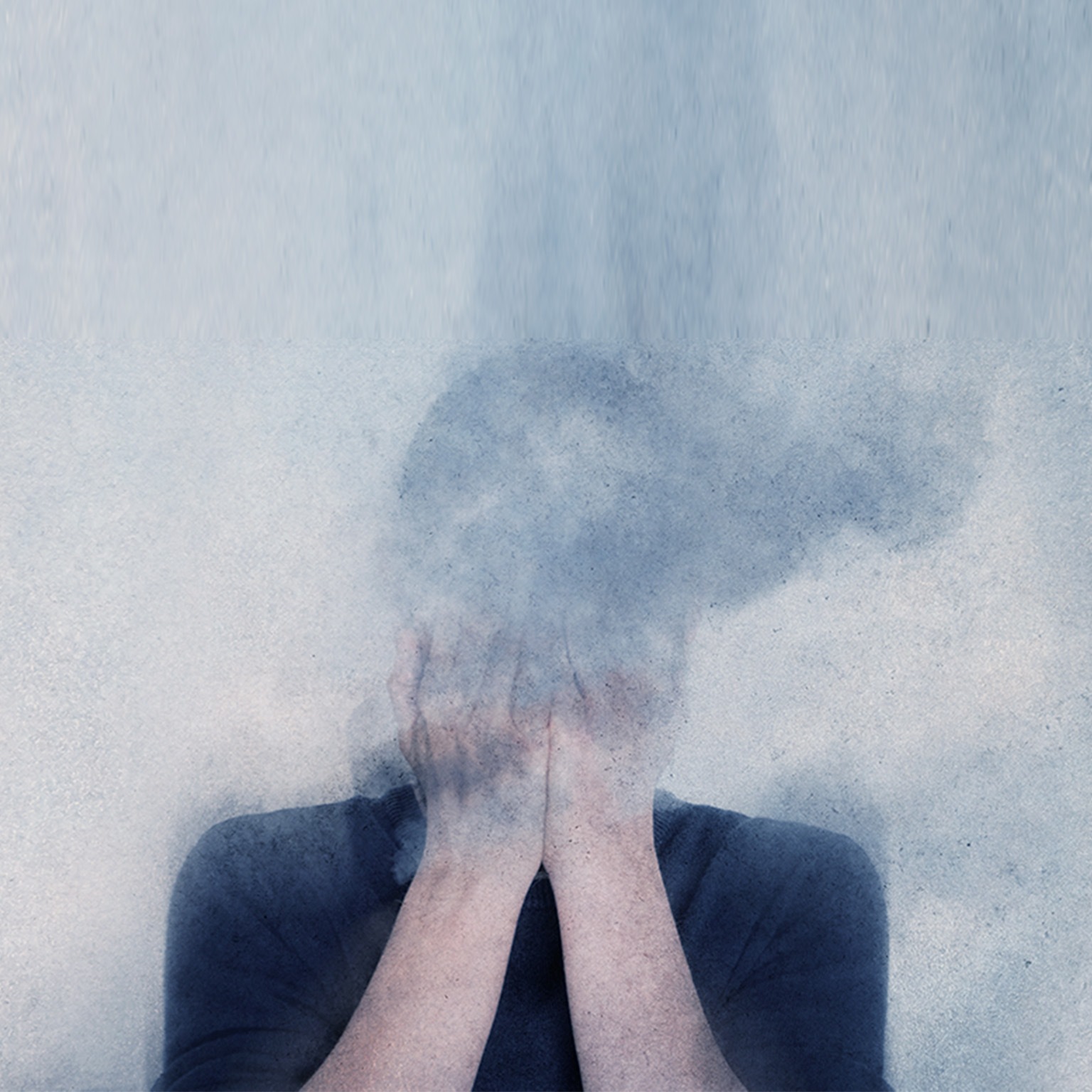 illustration woman covering face with hands, blurred dust swirling around head