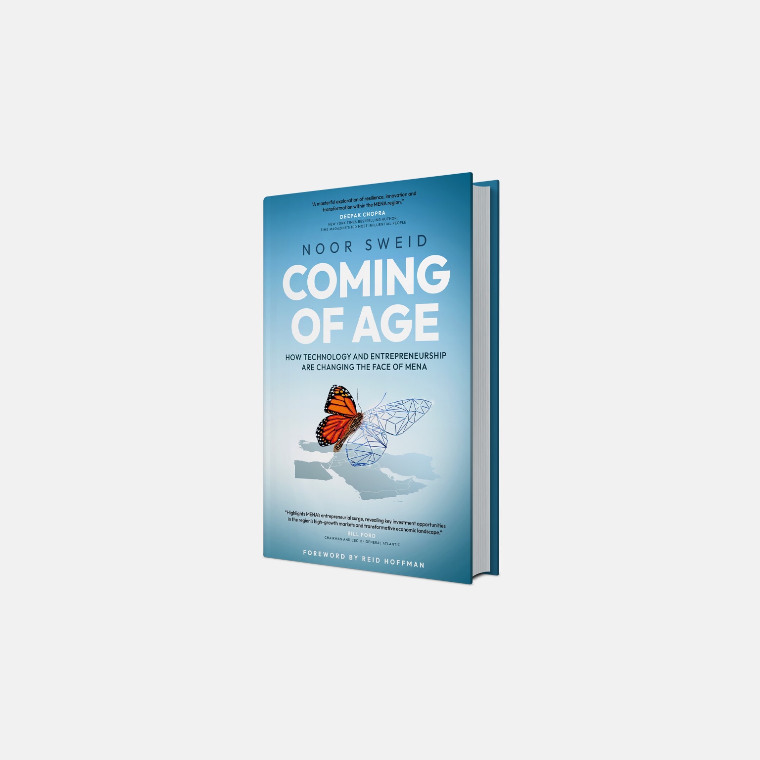 A book titled "Coming of Age" by Noor Sweid. On the cover, you can see a stylized butterfly with one side resembling a monarch butterfly and the other side transformed into basic lines. This insect is overlaid on a map of the MENA region.