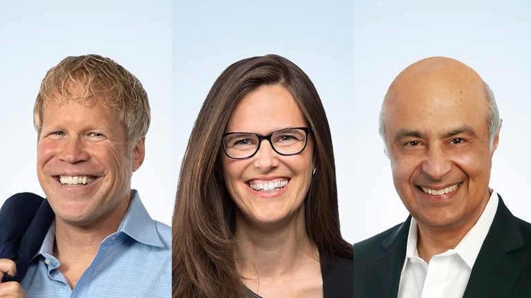 Tryptic Portrait of Scott Keller, Carolyn Dewar, and Vik Malhotra.