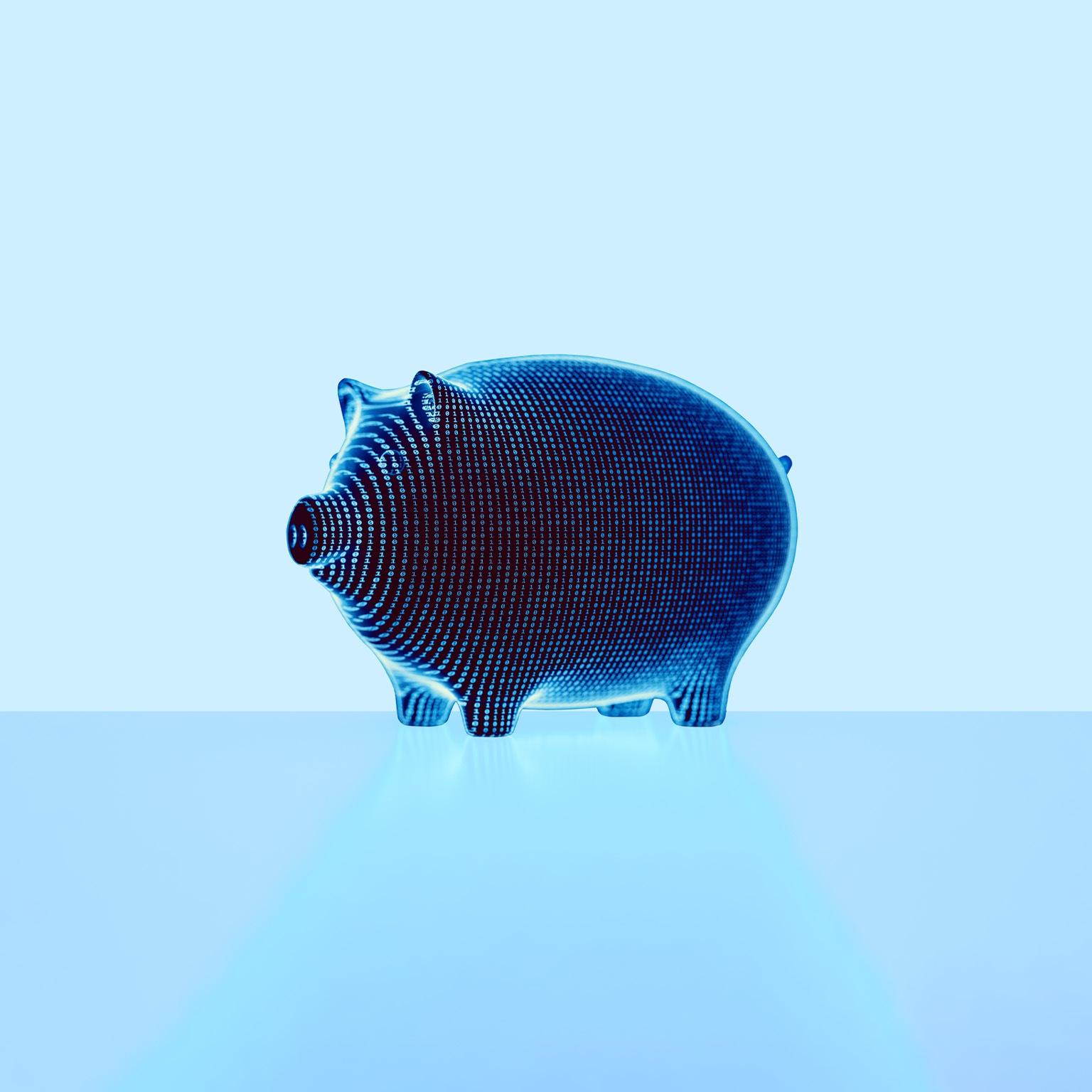 A 3D piggy bank covered in glowing binary numbers.