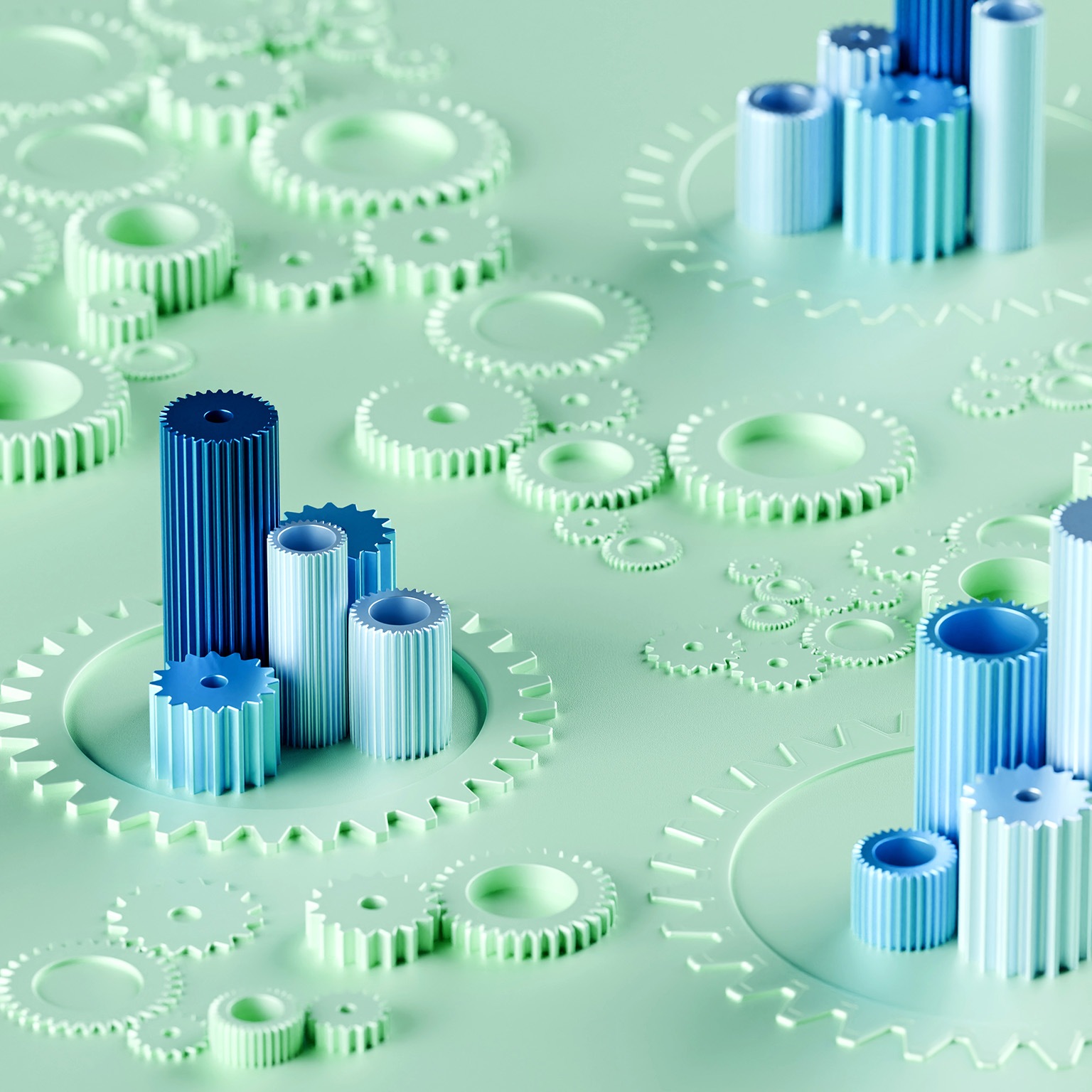 A conceptual with mechanical gear shapes forming bar graphs in blue and green tones