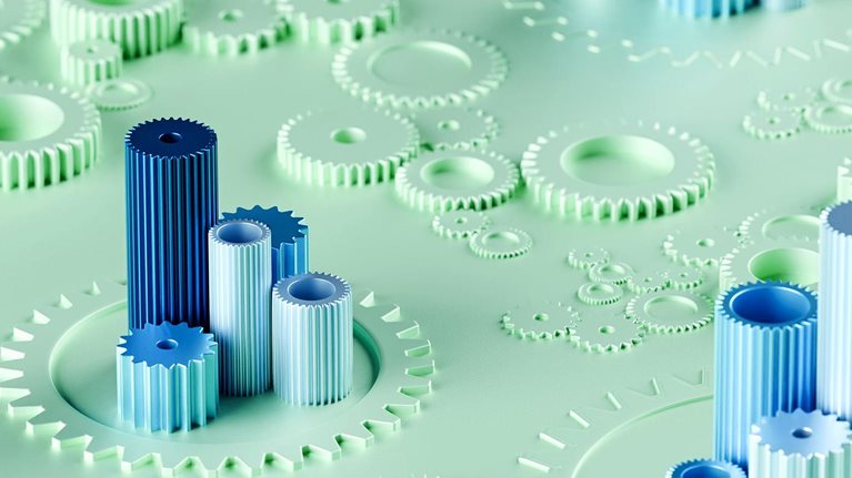 A conceptual with mechanical gear shapes forming bar graphs in blue and green tones