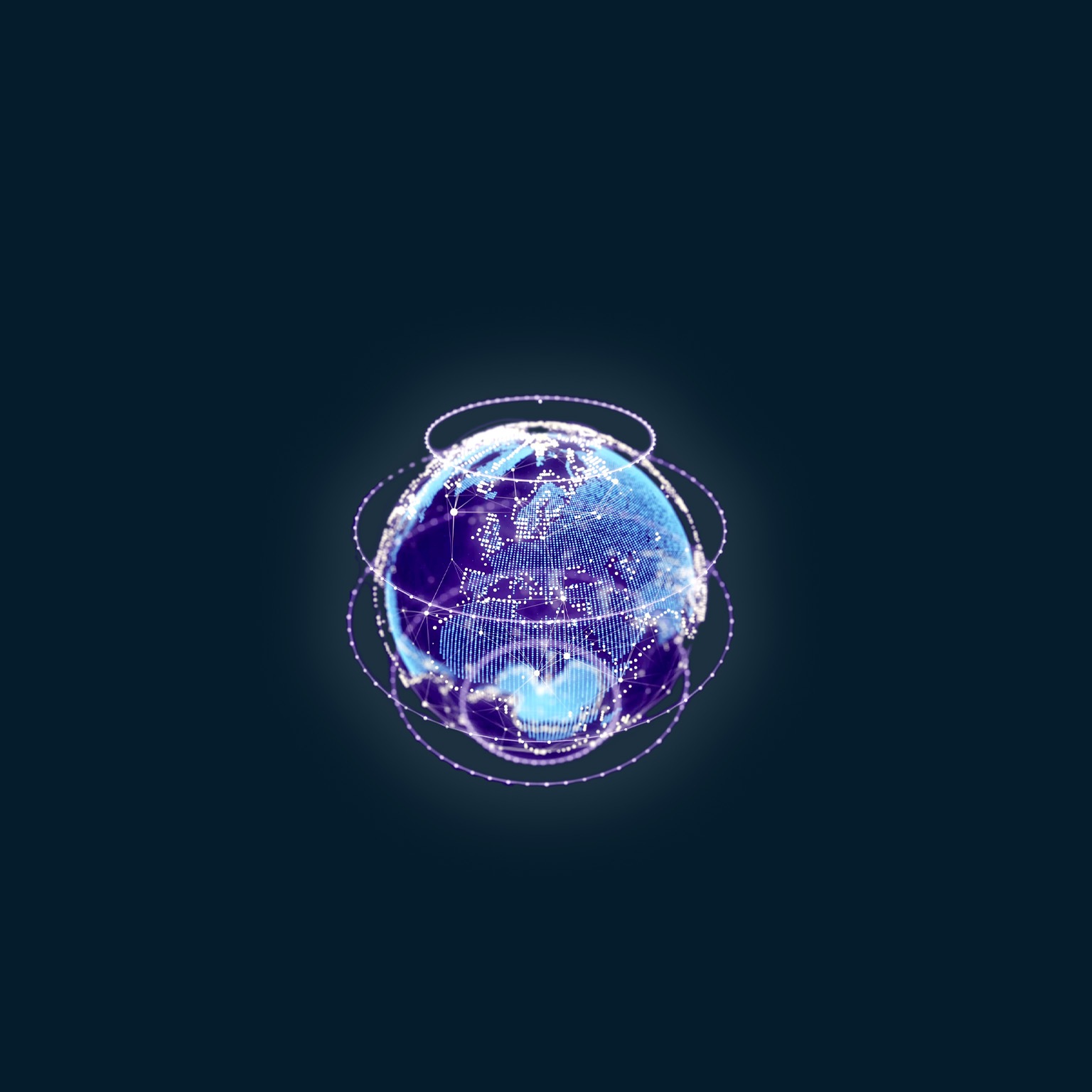A globe composed of blue dots and lines that rotate, giving the impression of changing data. It is encircled by multiple spinning rings of light and is placed against a dark blue backdrop.