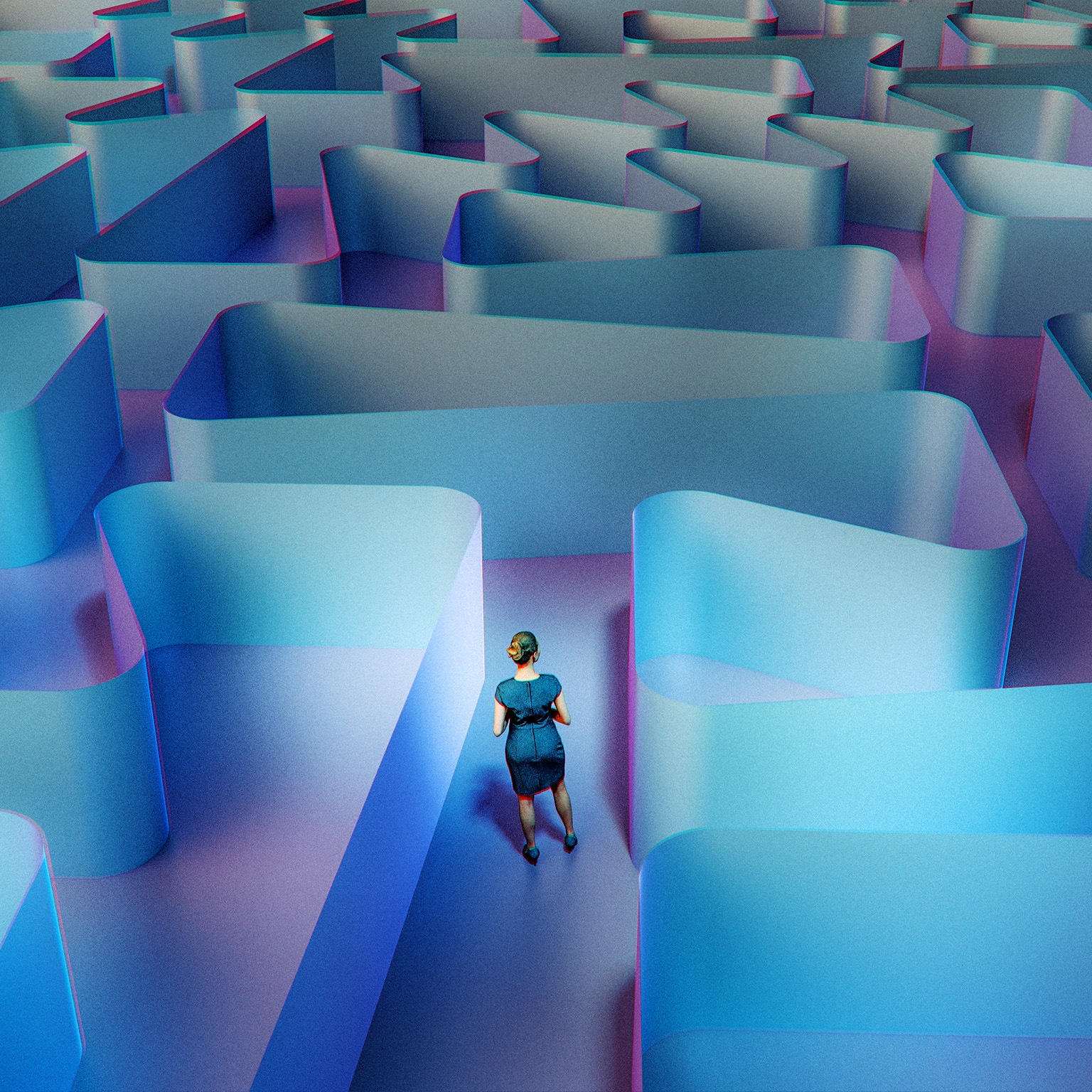 Woman standing in abstract 3d maze. 
