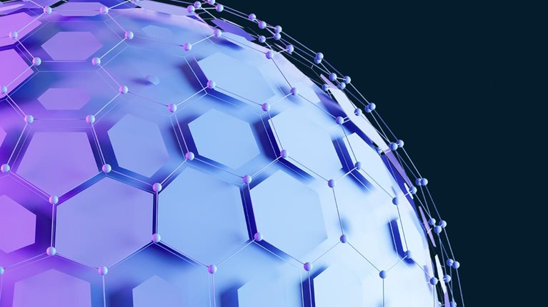 This image is a digitally generated 3D render of an abstract hexagonal sphere, commonly used as a futuristic technology background.