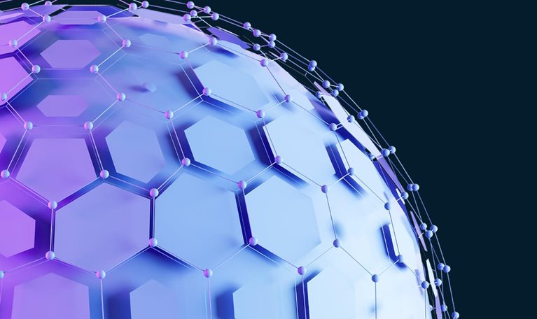 This image is a digitally generated 3D render of an abstract hexagonal sphere, commonly used as a futuristic technology background.