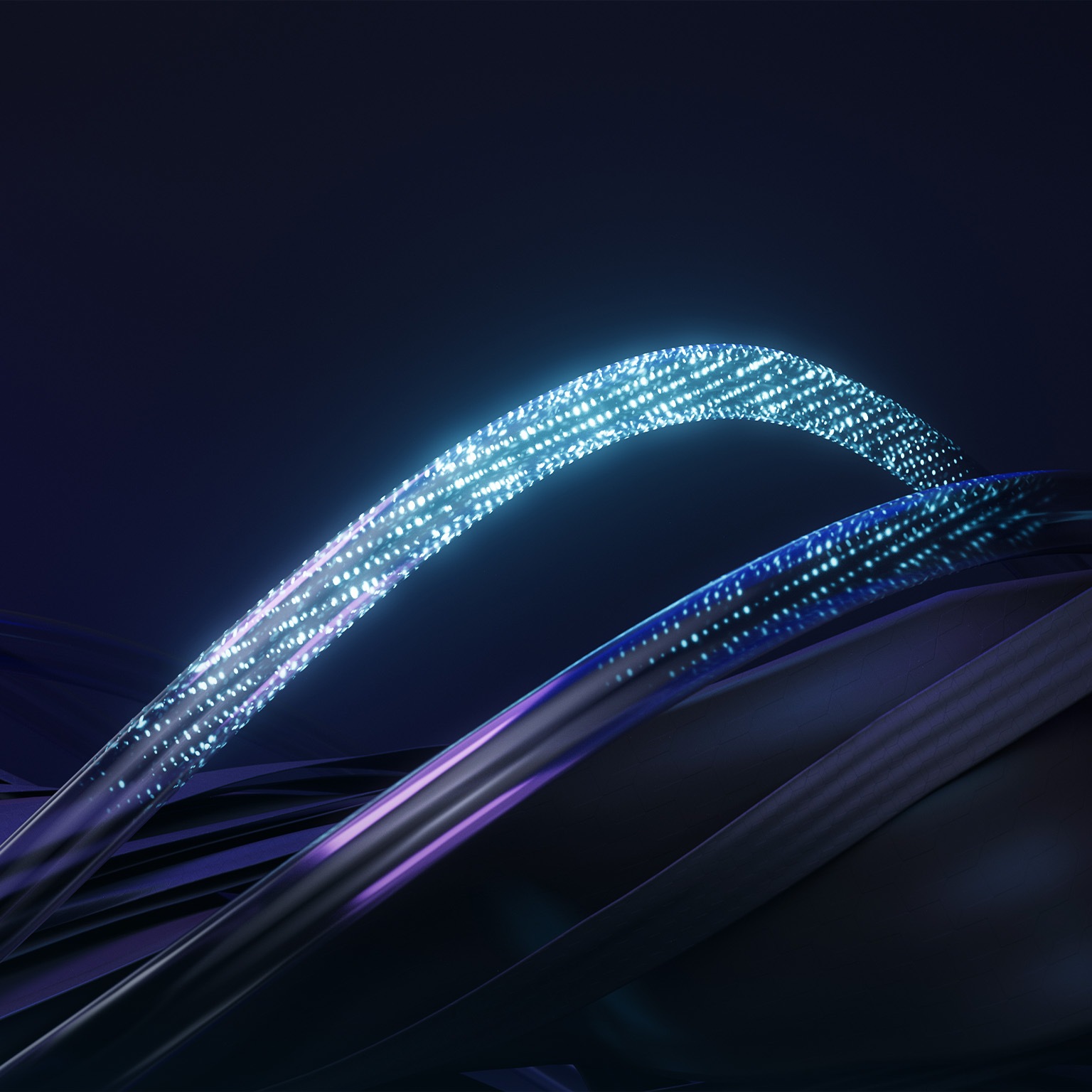 This image appears to be an abstract digital graphic depicting glowing, interconnected lines or light paths against a dark background. The graphic likely represents data transfer, networking, or fiber optic technology.