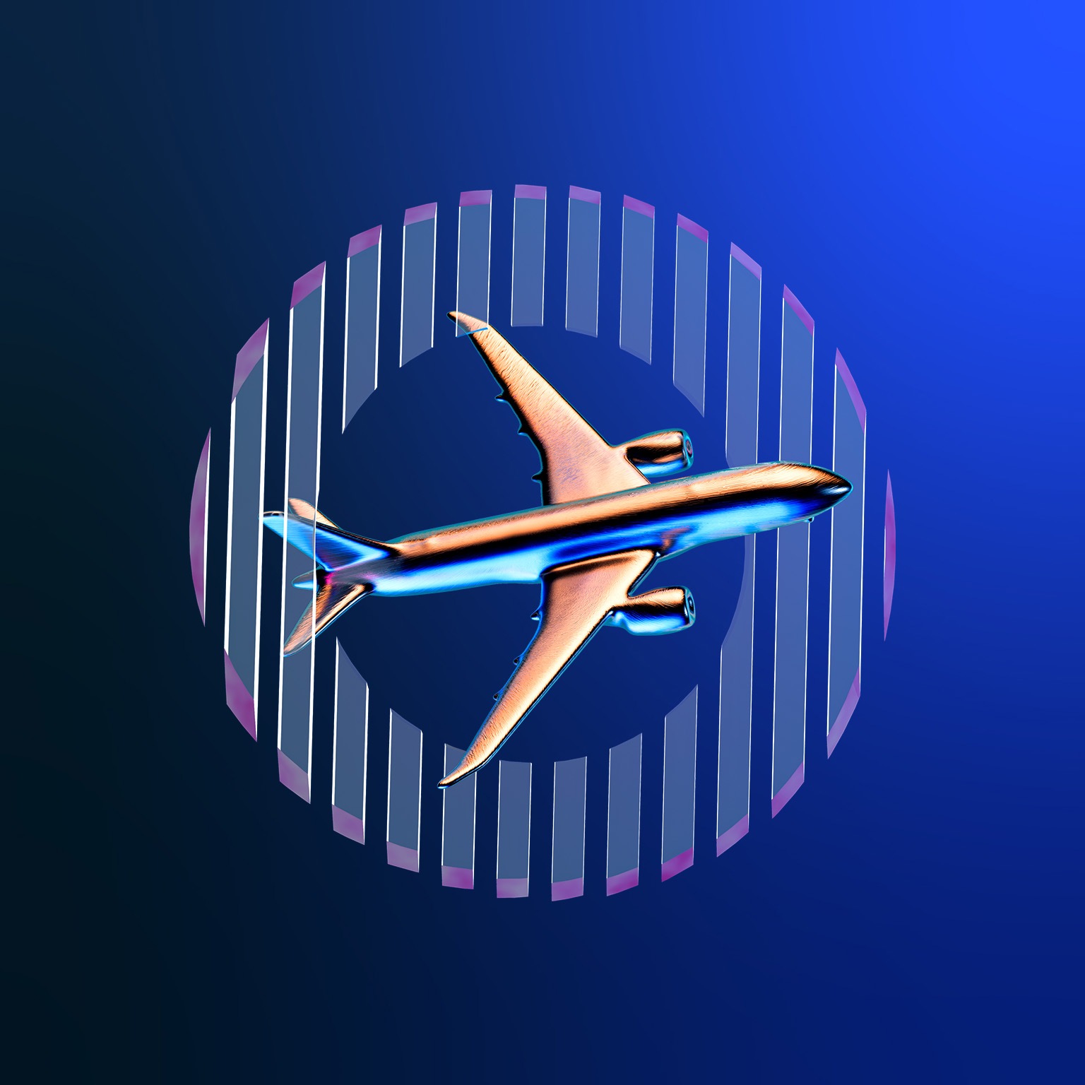 A sliver airplane flies through an abstract circle in the sky