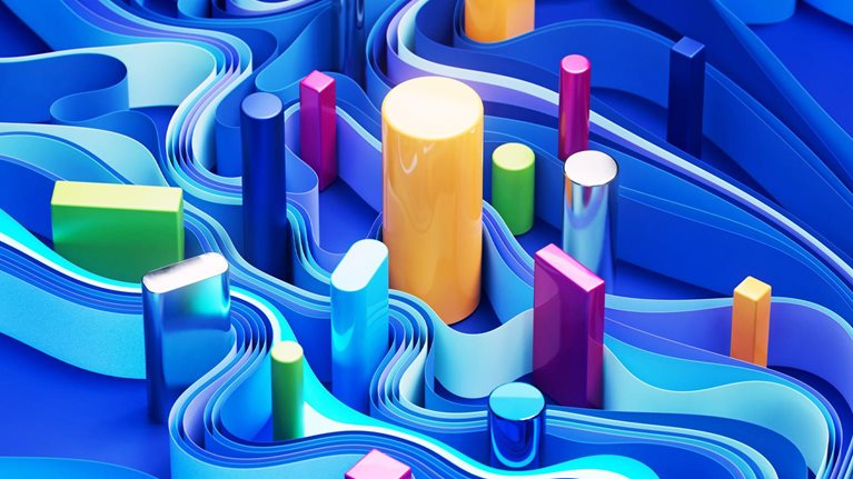 Colorful geometric shapes, primarily cylinders and rectangular prisms in varying heights and shades of vibrant colors. These shapes are nestled within a swirling, layered landscape of undulating blue ribbons, creating a sense of depth and movement.
