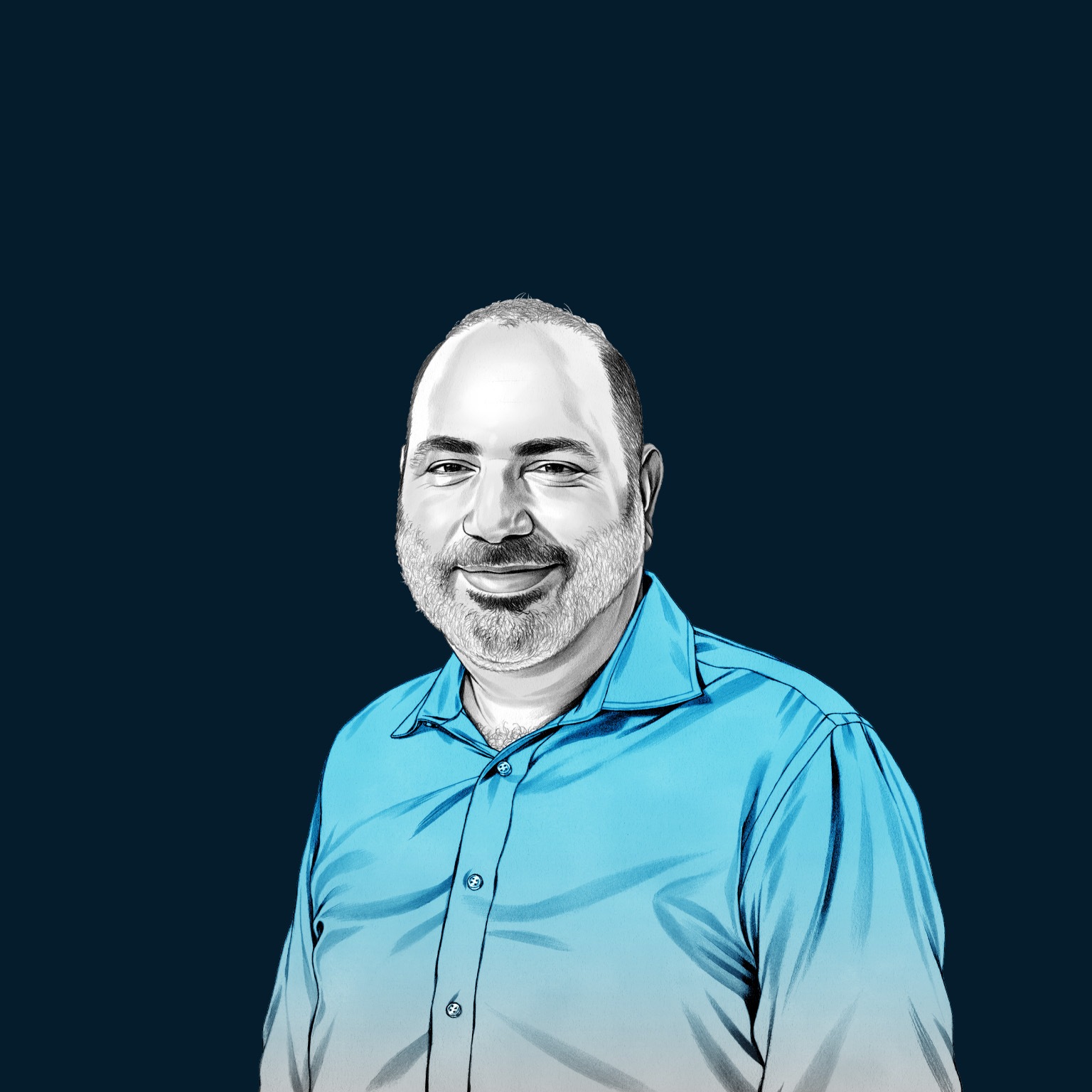 A hand-drawn illustration of James Landay, smiling and wearing a button down shirt. The drawing features precise lines and subtle shading, using black and white tones for her face and blues for her attire.