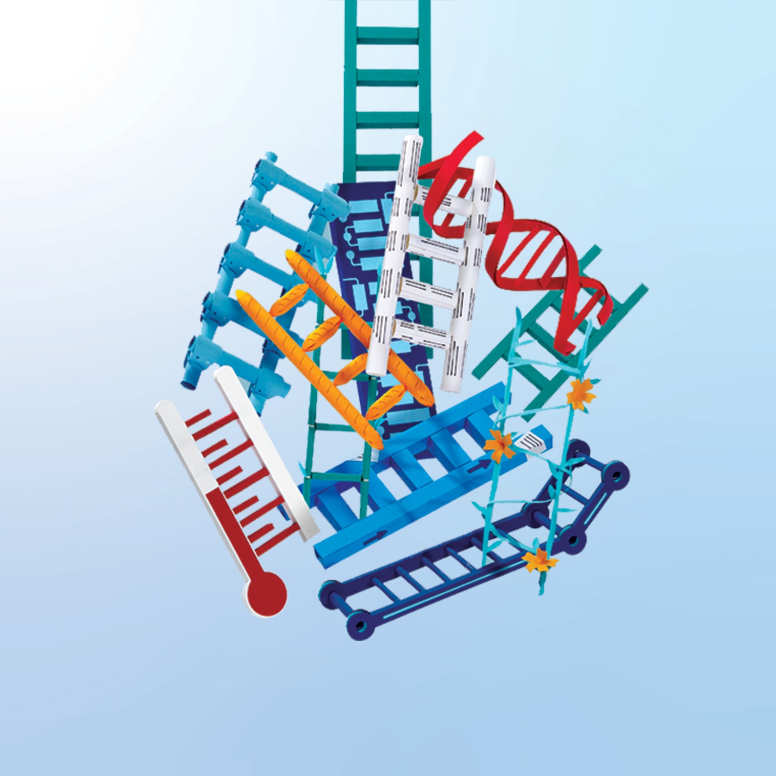 A woman is holding a blueprint featuring various types of ladders. She stands next to a cluster of ladders, each uniquely shaped to represent different career paths: biotech, technology, architecture, food services, and more. One of the ladders extends straight upward.
