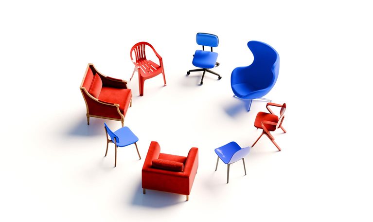 A circle of chairs in various styles creates an ideal setting for collaboration.