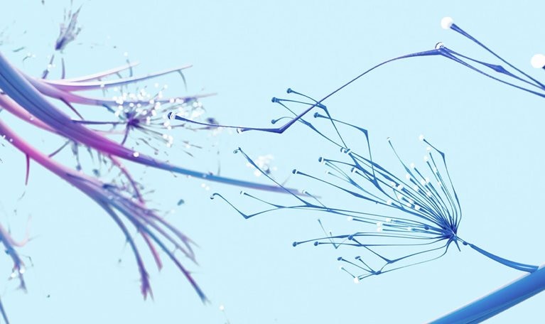 Delicate blue and purple tendrils constantly expanding. These tendrils bear a resemblance to neurons, with luminous buds at their tips.