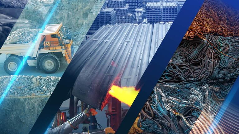 The image shows a collage representing the metals and materials lifecycle, covering extraction, processing, manufacturing, recycling, and finished metal products.