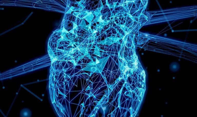 Abstract plexus heart on a black background.