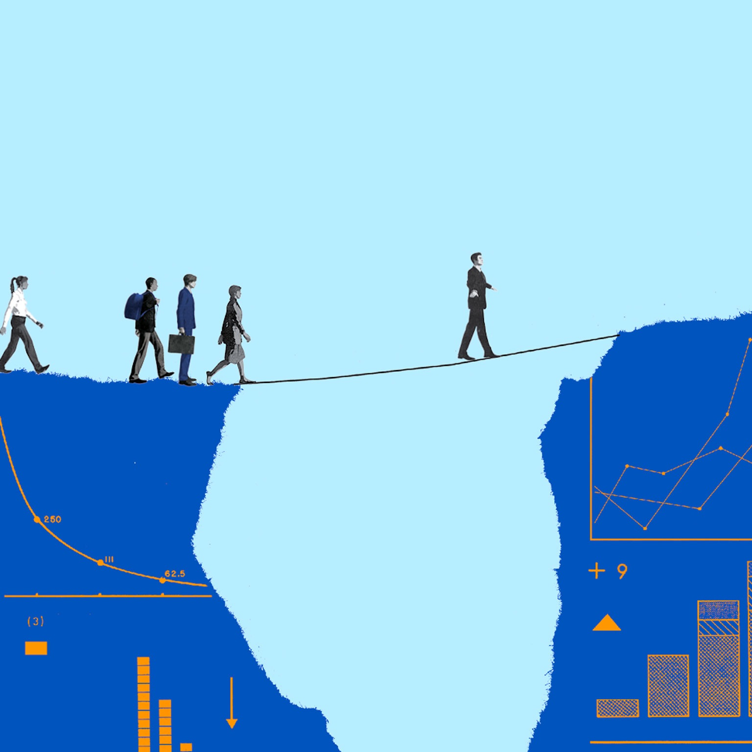Between two mountain gorges embellished with charts, a tightrope stretches across the void. One CEO courageously makes his way forward, while the others stand back, watching him set the example. 