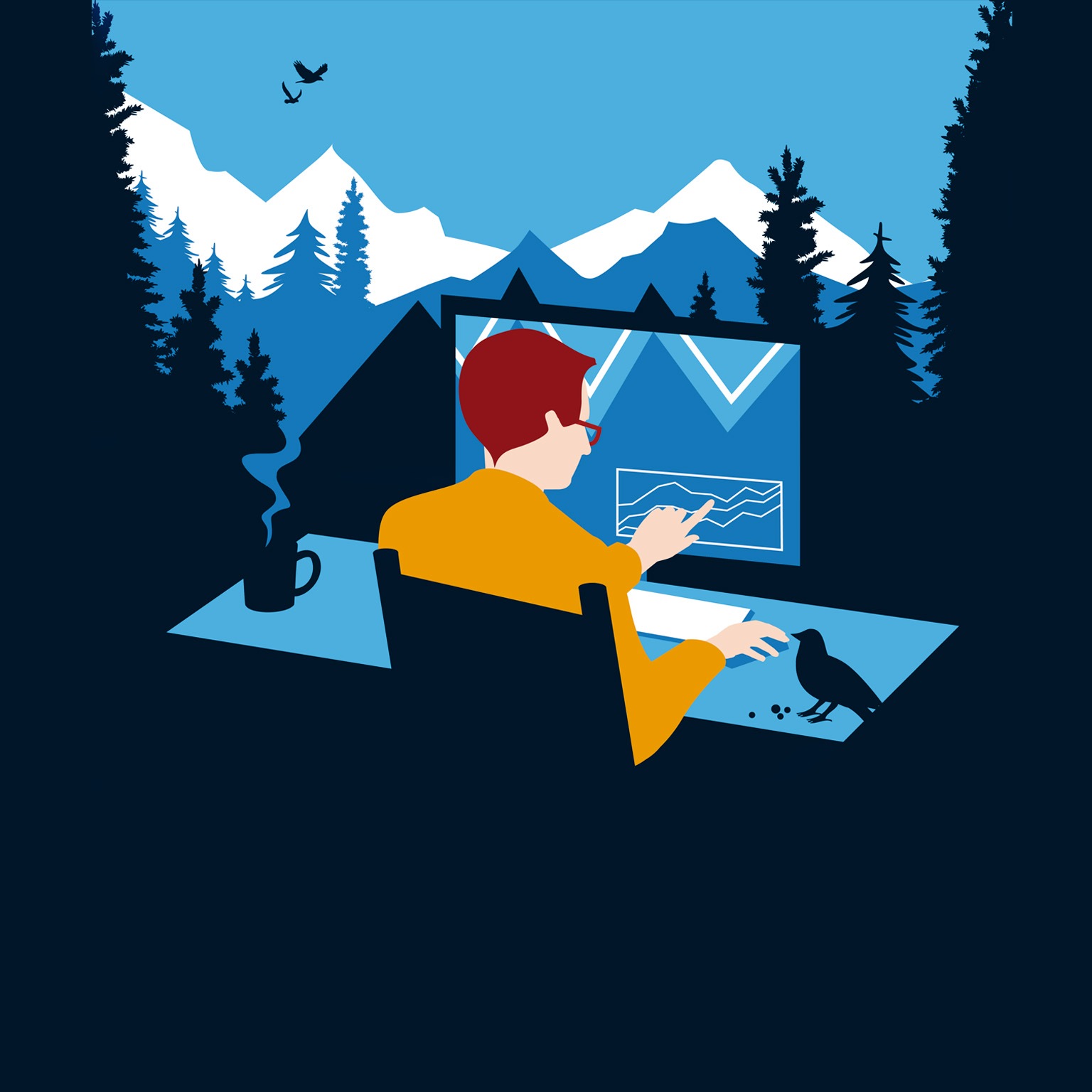 An image of a person sitting at a desk workspace, engaging with a touchscreen computer monitor. To the right of the person sits a bird, and to the person’s left, a mug with steam rising from it. In the background and surrounding space are mountain peaks and forest trees, giving the impression that the person’s workspace is in the middle of nature.