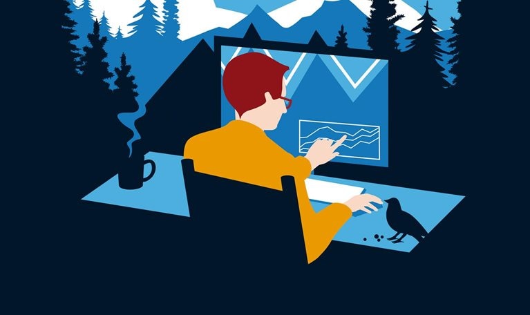 An image of a person sitting at a desk workspace, engaging with a touchscreen computer monitor. To the right of the person sits a bird, and to the person’s left, a mug with steam rising from it. In the background and surrounding space are mountain peaks and forest trees, giving the impression that the person’s workspace is in the middle of nature.