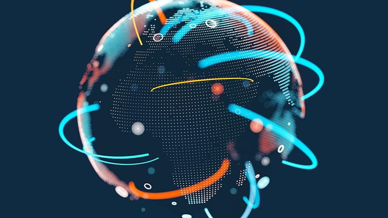 Earth represented by little dots and curved lines - big data, global business, cryptocurrency 3D render