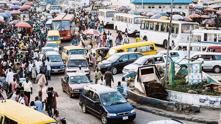 Busy streets of African town.