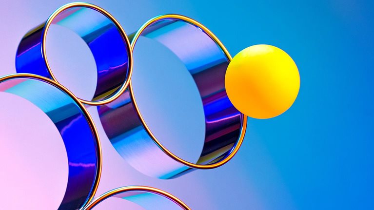 Abstract array of rings and a ball going through a specific ring.