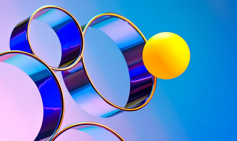 Abstract array of rings and a ball going through a specific ring.