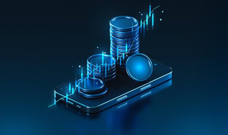 This image depicts a conceptual illustration of digital assets and mobile banking, featuring glowing 3D coins stacked on a smartphone screen.