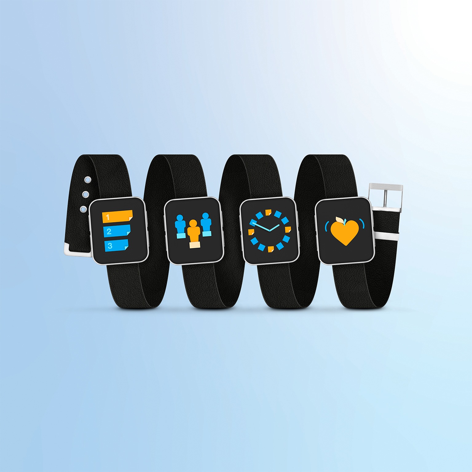 Four smartwatch dials are mounted on a single leather wristband. Dial one features an icon representing Priorities, dial two an icon for Roles, dial three an icon for Time Management, and dial four an icon symbolizing Energy and Wellbeing.