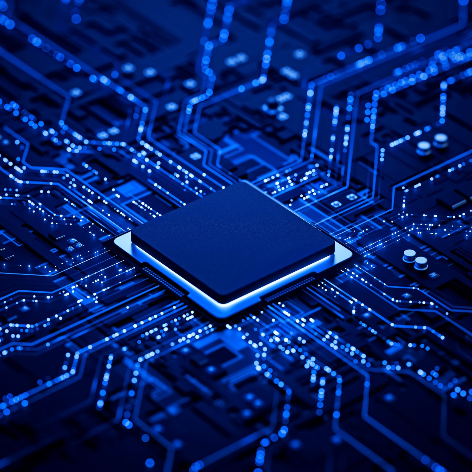 A close-up, futuristic rendering of a microchip at the center of an illuminated circuit board. Glowing blue lines radiate outward like intricate pathways, highlighting the flow of data and electronic connectivity.