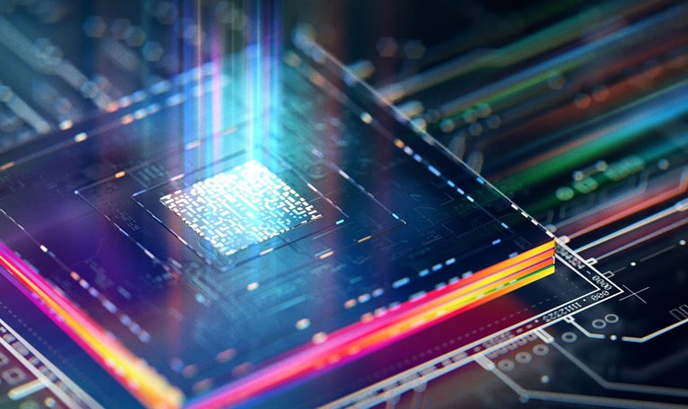 Futuristic central processor unit. Powerful Quantum CPU on PCB motherboard with data transfers.