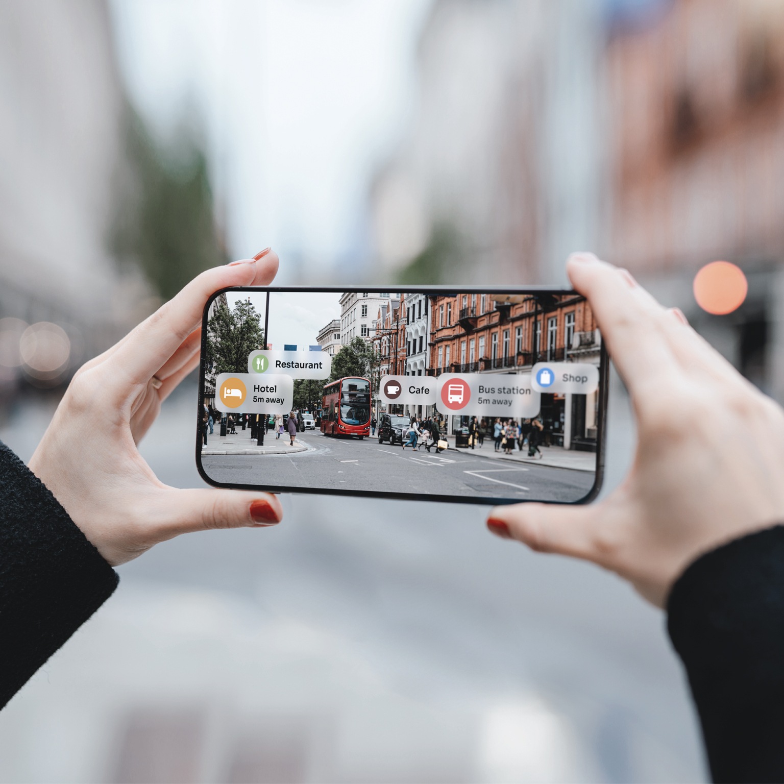Young woman locating direction with augmented reality technology on smartphone on street.