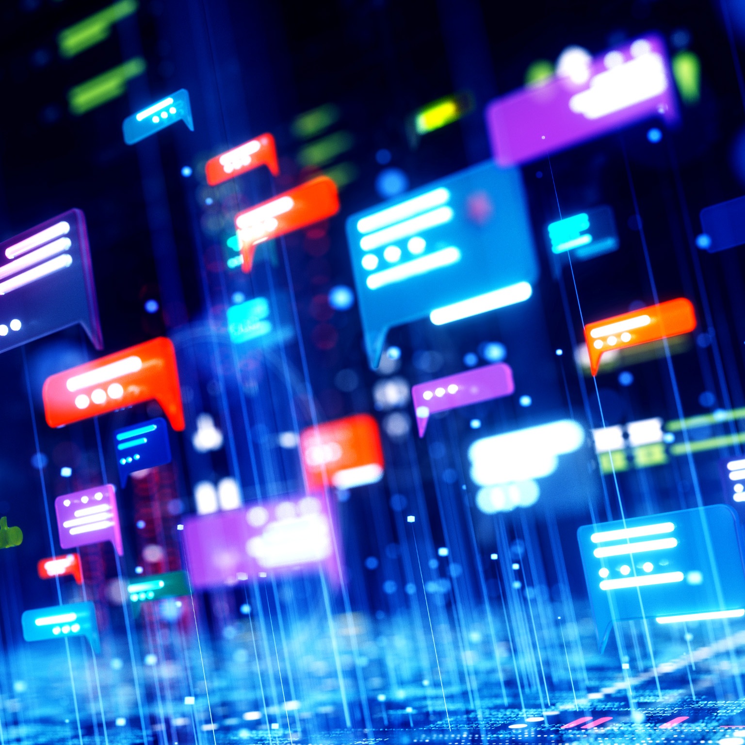 A 3D image depicting a network of digital communication and AI, represented by colorful chat bubbles floating above a blue digital landscape.