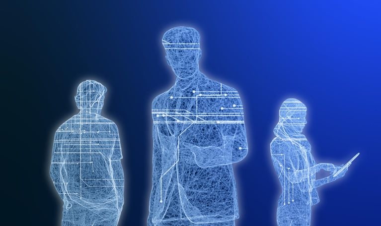 Silhouettes of three business people drawn in outline of digital lines.