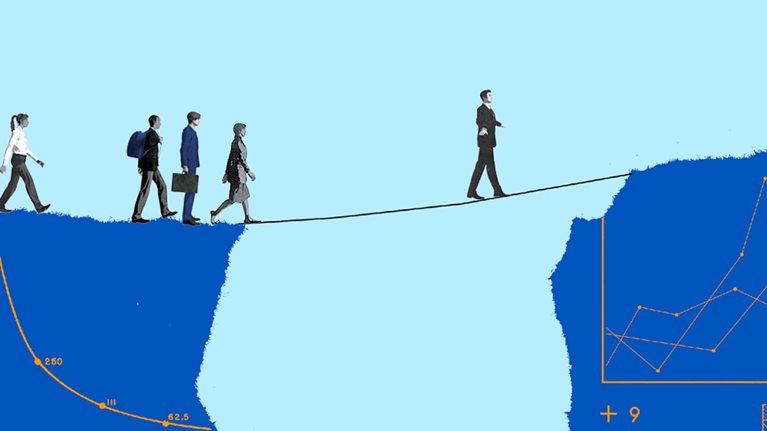 Between two mountain gorges embellished with charts, a tightrope stretches across the void. One CEO courageously makes his way forward, while the others stand back, watching him set the example.