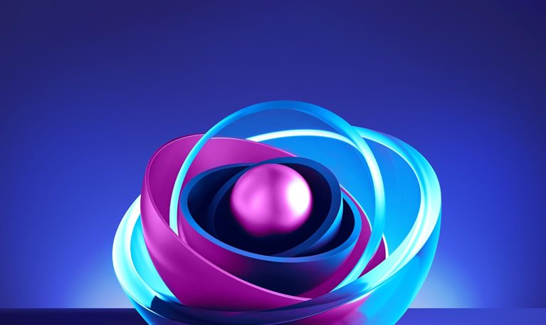 A colorful and dynamic 3D illustration featuring interconnected and swirling shapes in shades of blue and magenta. At the center of this intricate structure, a smaller magenta sphere is nestled, surrounded by half spheres in a light blue hue.