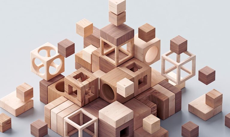 Wooden abstract cubes; the concept of sustainability and responsible business.