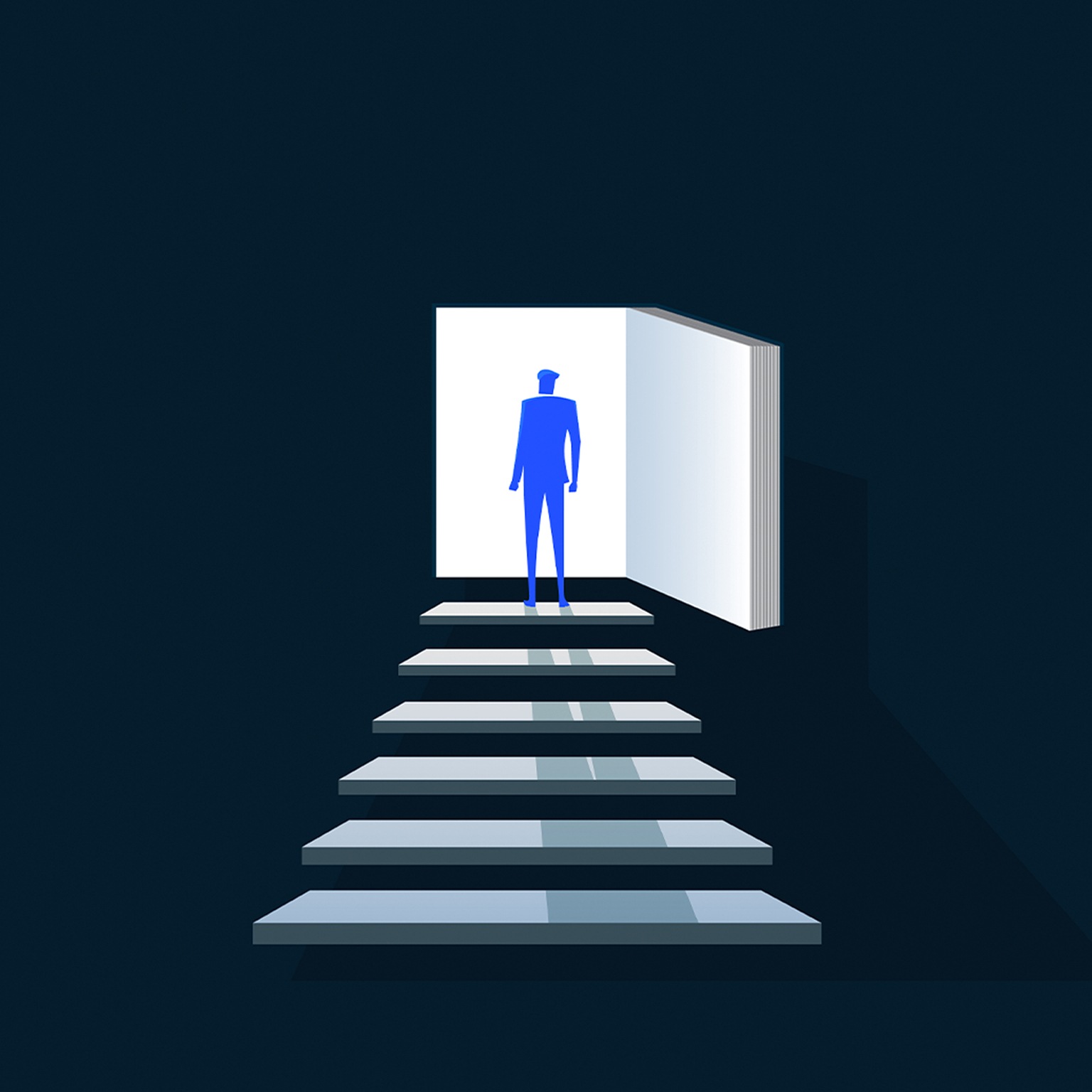 Illustration of man standing at top of stairs, facing into open doorway.