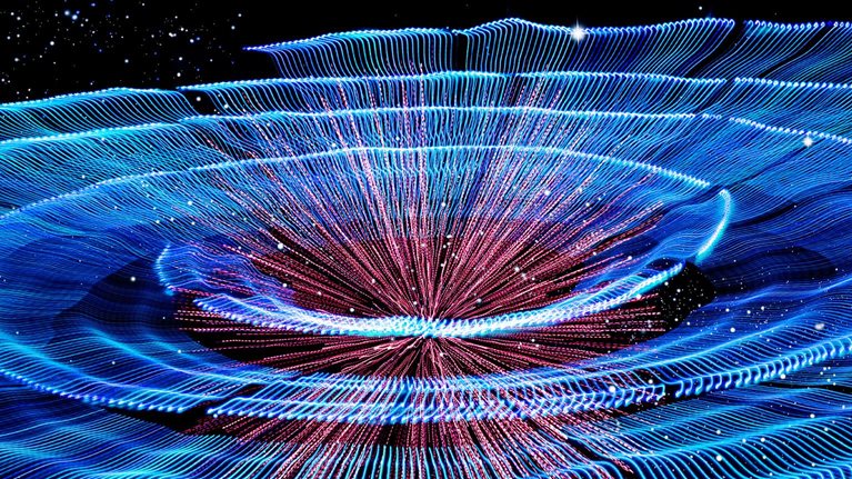 A spiral of light waves flows out from a zoom effect center in an image about future technology, expansion, and innovation
